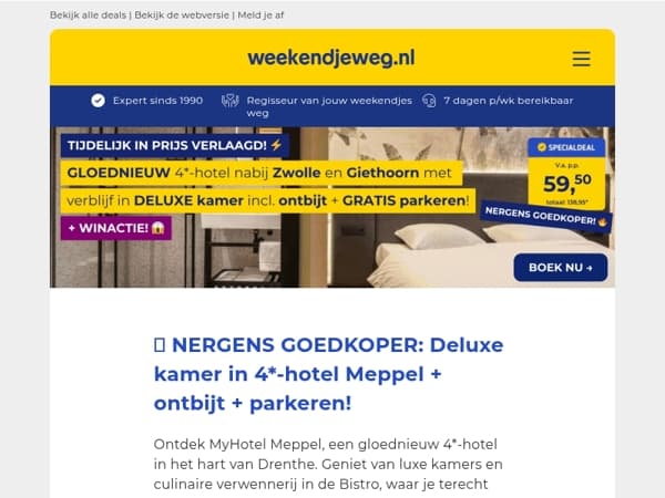 😱 NERGENS GOEDKOPER: 4*-hotel nabij Giethoorn & Zwolle + DELUXE kamer + ontbijt + GRATIS parkeren v.a. 59,50 p.p.! 💥