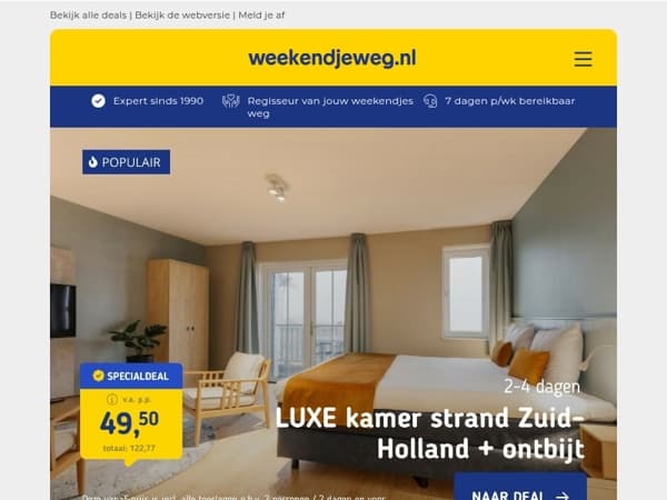 🕊️ Vier de vrijheid met deze flashdeals! Beach hotel Zuid-Holland v.a. 49,50 p.p. | Bonte Wever Assen v.a. 179,- p.p. | Lake Resort Beekse Bergen + AttractiePas v.a. 329,45