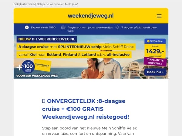 🚢 All-inclusive Cruise Deal: 8-daagse cruise van Kiel naar Talinn, Helsinki & Riga v.a. 1429,- + €100 GRATIS Weekendjeweg.nl reistegoed! 🎁