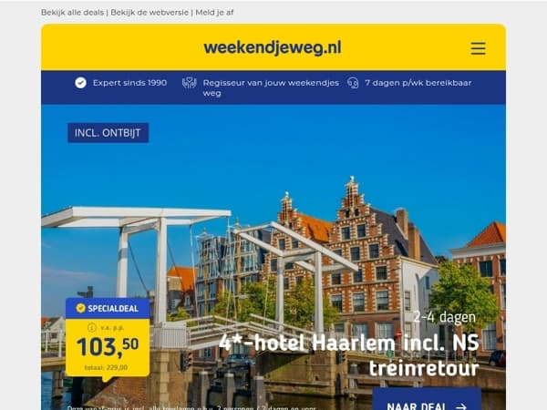 🏖️ 4*-Hotel in Haarlem bij Bloemendaal + ontbijt & NS treinretour v.a. 103,50 | ⚡ FLASHDEAL: 4*-Designhotel Valkenburg + ontbijt v.a. 49,50 p.p.!