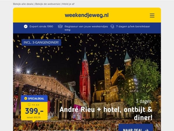 ⏰ OP=OP DEALS: André Rieu op het Vrijthof + EXTRA'S 399,- p.p. | Tiny House Zuid-Limburg 238,95 | Verblijf nabij Den Haag & Scheveningen 35,- p.p. 🤯🔥