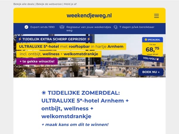 FLASHDEAL! ⚡ ULTRALUXE 5*-hotel Arnhem met rooftopbar + ontbijt, wellness + welkomstdrankje v.a. 68,75 p.p.! 😍