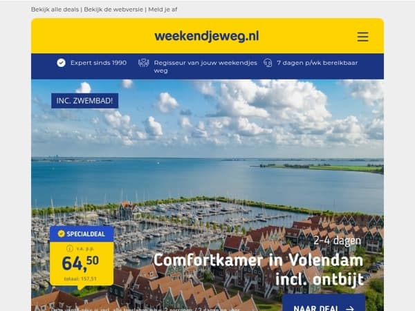 SUPER DEAL! ⚡ Volendam + ontbijt v.a. 64,50 | Vakantiepark Slagharen v.a. 194,45 per acco (2 volw + 2 kids)!