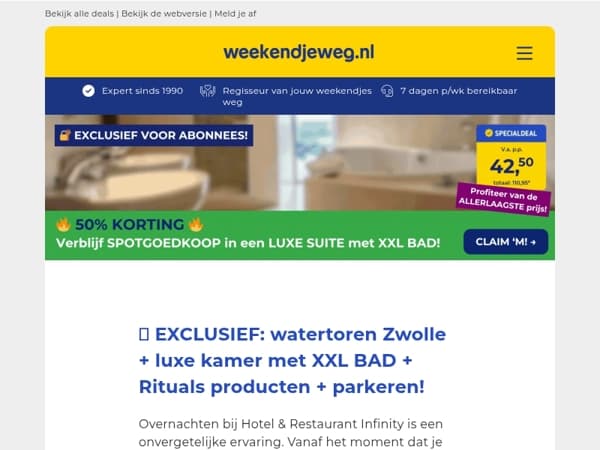 🔐 EXCLUSIEVE DEAL: 50% KORTING! 🔥 Iconische watertoren Zwolle + luxe kamer met XXL BAD & Rituals producten + GRATIS parkeren v.a. 42,50 p.p.! 😱🤯