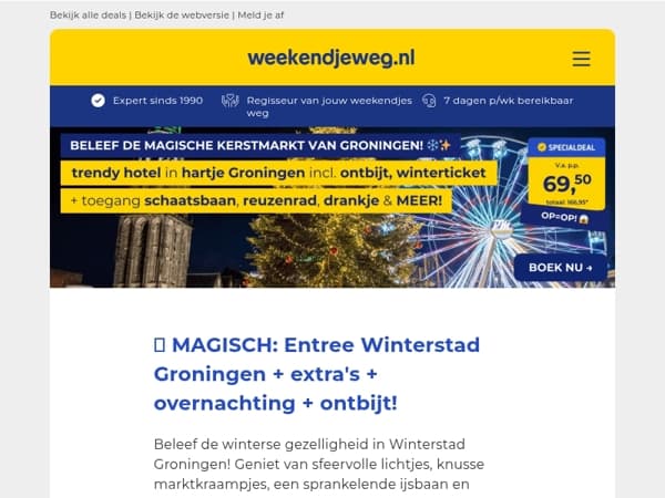 🔔 Nog 100 dagen tot KERST! 🎄 Boek NU: Winterstad Groningen + vele extra's + overnachting + ontbijt v.a. €69,50 p.p.! ❄️✨