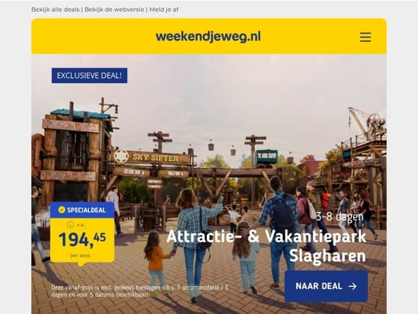 🔥 3 deals die nú de moeite waard zijn: Slagharen v.a. 194,45 | Luxe op de Veluwe v.a. 59,50 | 3 dgn Leiden v.a. 149,-