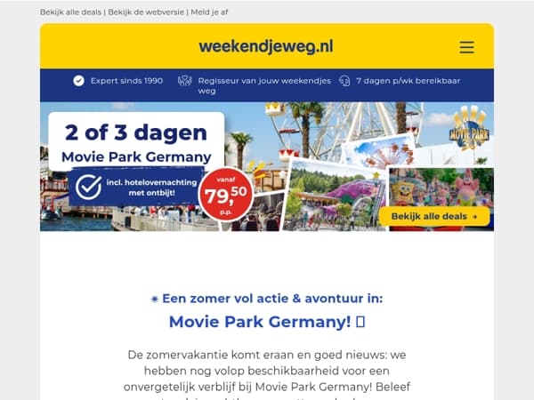 ☀️ ZOMER TIP: 2 of 3 dgn Movie Park Germany + hotel + ontbijt vanaf 79,50 p.p. 🎬