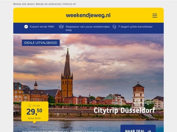 Citytrip Düsseldorf v.a. 29,50 | 4*-hotel Zuid-Holland + UPGRADE v.a. 54,50 | Veluwe + entree wellness & meer!