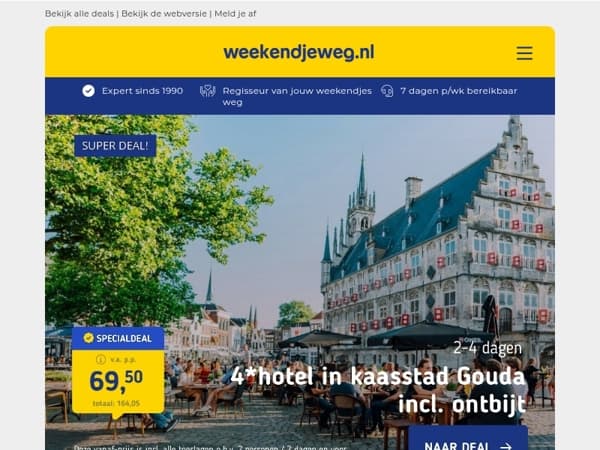 🌆 CITYDEAL! Verblijf in kaasstad Gouda + ontbijt 69,50 | 🏖️ Surprise hotel Noordwijk + ontbijt 62,50 p.p.!