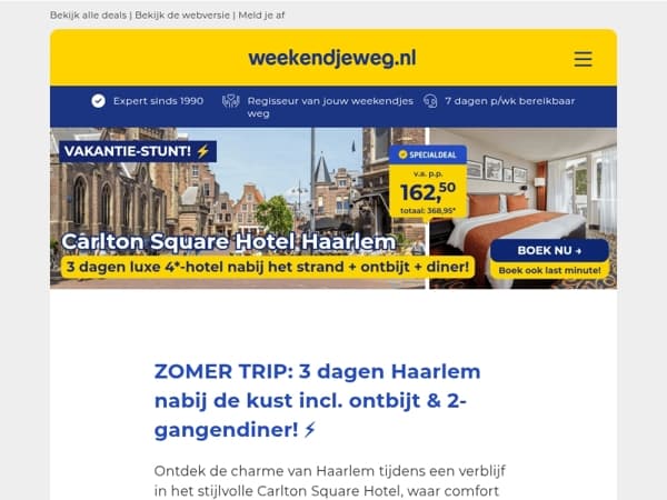 ⏰ Last minute Stad & Strand deal: 3 dgn luxe 4*-hotel Haarlem + ontbijt & 2-gangendiner vanaf 162,50 p.p.! 😱🔥