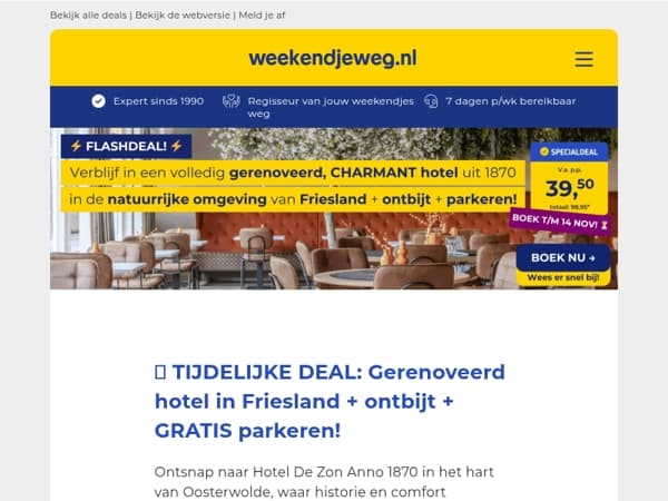 ⚡ FLASH-SALE: Gerenoveerd & CHARMANT hotel uit 1870 in Friesland + ontbijt + GRATIS parkeren v.a. SLECHTS 39,50 p.p.! 😱🤯