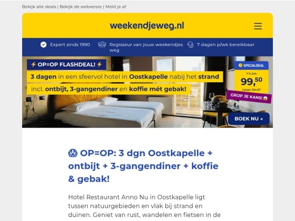 ⚡ OP=OP FLASHDEAL! ⚡ 3 dgn Zeeland + ontbijt + 3-gangendiner + koffie mét gebak v.a. 99,50 p.p.! 😱