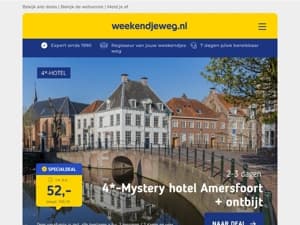 🕰️ Vroege vogel deals: 4*-Mystery hotel Amersfoort + ontbijt v.a. 52,- p.p. | Lake Resort Beekse Bergen + AttractiePas v.a. 315,- & nog veel meer!