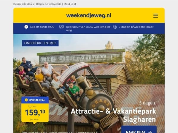 ⚡ NIEUWE flashdeals: Slagharen v.a. 159,10 🎢 | Kerstshoppen Nieheim v.a. 139,- p.p. 🎄 | Kasteelhotel nabij Maastricht v.a. 54,50 p.p. 🏰