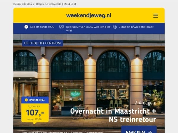 🚆 Stedentrip Maastricht + NS Treinretour v.a. 107 | 4*-hotel op de Veluwe + Zwaluwhoeve v.a. 89 p.p.!