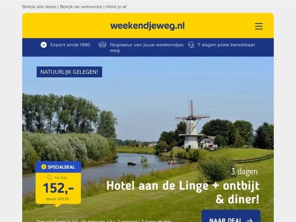 3 dgn aan de Linge + ontbijt & diner v.a. 152 | Antwerpen + ontbijt, borrelhapje & parkeren v.a. 40 p.p.!