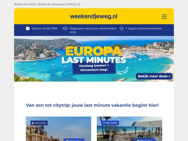 🚨 Vandaag boeken, binnenkort weg? Ontdek de Europa Last Minutes vanaf €54,50 p.p.! ⏰💥