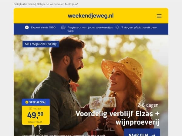 🌺 Verblijf in de Elzas + wijnproeverij v.a. 49,50 | Luxe wellness SUITE in Utrecht v.a. 89,50 p.p.!