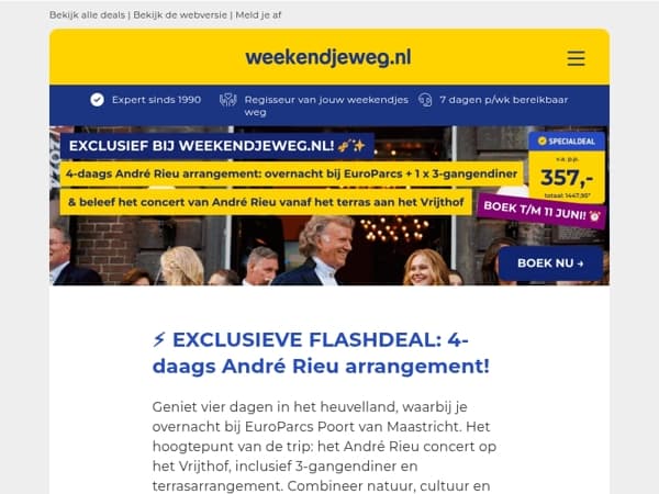 ⚡ EXCLUSIEF: 4-daags André Rieu arrangement 🎻👉 3 nachten EuroParcs + 1 x 3-gangendiner + terrasarrangement André Rieu vanaf 357,- p.p.!