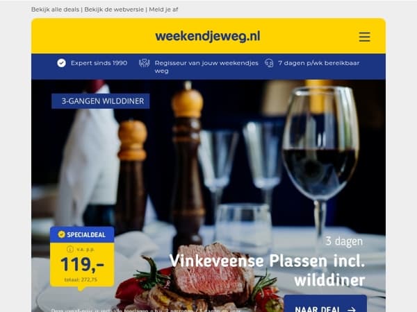 🍷 3 dgn Vinkeveense Plassen + wilddiner v.a. 119 | 🚴 3 dgn aan de Linge incl. ontbijt & diner v.a. 120 p.p.!