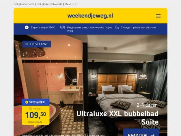 💎 Ultraluxe Suite Deals: 4*- of 5*-hotel incl. SUITE met BAD v.a. 84,50 p.p.! 😍