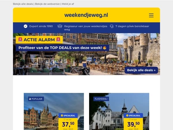 🚨 Actie Alarm! 🔥👉 Gent + ontbijt & EXTRA'S v.a. €37,50 p.p. | 4*-kasteelhotel Zuid-Limburg + ontbijt v.a. €39,50 p.p. & MEER!