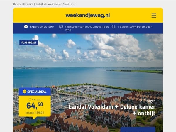 ⚡ 3x NIEUWE flashdeals: Landal vakantiepark Volendam + ontbijt v.a. 64,50 | All-inclusive light 4*-hotel Côte d'Azur v.a. 334,- | Last minute kust-deal Zuid-Holland + ontbijt v.a. 49,50