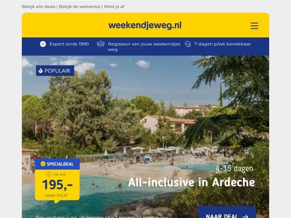 Vakantiepark Dierenbos + Attractiepas v.a. 224,95 | 4/15 dgn all-inclusive Ardèche v.a. 207 p.p.!