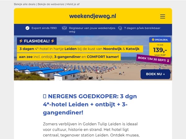 🔥 NERGENS GOEDKOPER: 3 dgn 4*-hotel Leiden nabij de kust + ontbijt + 3-gangendiner + COMFORT kamer v.a. 139,- p.p.!