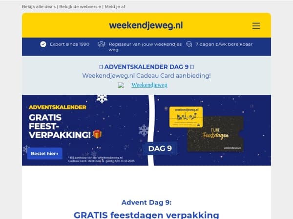 🎁 Advent Dag 9: GRATIS feestdagen verpakking bij een Weekendjeweg.nl Cadeau Card!