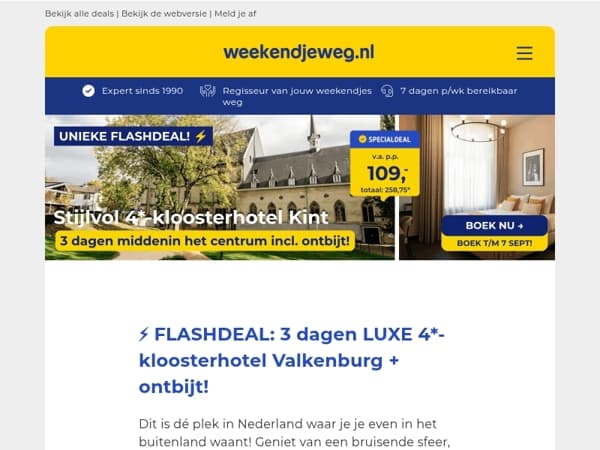 ⚡ UNIEKE FLASHDEAL: 3 dagen LUXE 4*-kloosterhotel Kint in Valkenburg + ontbijt vanaf €109,- p.p.!