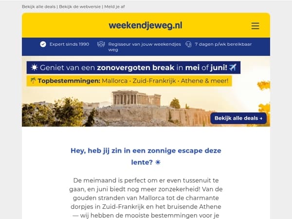 ☀️ Weekendje weg in mei of juni? ✈️ Hier schijnt de zon! 😎👉 Mallorca, Zuid-Frankrijk, Athene & meer!