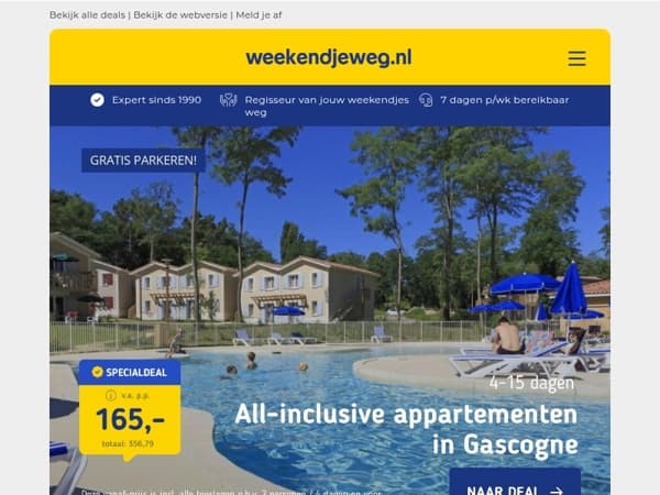 4/15 dgn all-inclusive in Zuid-Frankrijk Gascogne v.a. 165 | 3 dgn LUXE Bilderberg Scheveningen v.a. 163 p.p.!