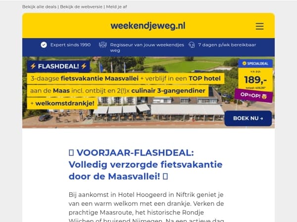 FLASHDEAL! ⚡ 3 dgn fietsvakantie Maasvallei + TOP hotel aan de Maas incl. ontbijt + 2(!)x culinair 3-gangendiner + welkomstdrankje vanaf €189 p.p.!