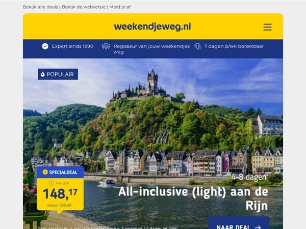 Deze deals zijn GEEN grap! 😜 4 dgn nabij Koblenz + all-inclusive light vanaf 149,- p.p. | Appartement aan de franse kust vanaf 278,95 & MEER! 🔥