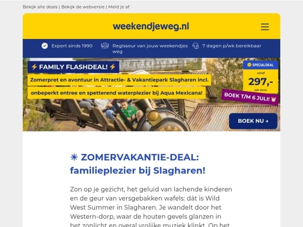 ☀️ ZOMERVAKANTIE-DEAL: Attractie- & Vakantiepark Slagharen + onbeperkt entree attractiepark & Aqua Mexicana v.a. €297!
