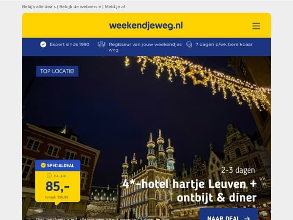 🔥 3x België KNALDEALS: Leuven + ontbijt & diner v.a. 85,- p.p. | Last minute Antwerpen + ontbijt v.a. 59,50 p.p. | Hasselt + ontbijt v.a. 42,50 p.p.