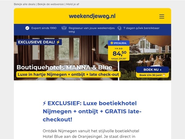 ⚡ EXCLUSIEF: Luxe boetiekhotel Nijmegen + ontbijt + GRATIS late-checkout vanaf 84,50 p.p.! 😍✨