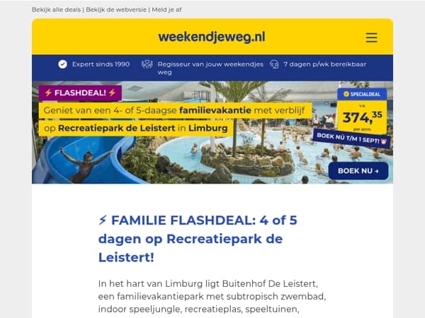 ⚡ FAMILIE FLASHDEAL! 💙 4 of 5 dgn op Recreatiepark de Leistert in Limburg v.a. 374,35 per acco!