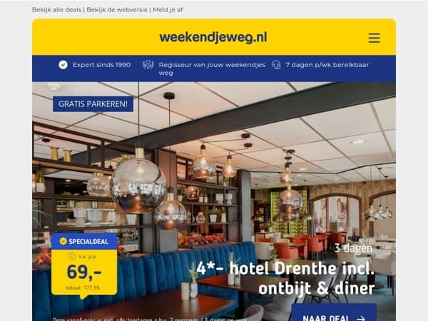 MEGA OP=OP DEAL! 😱 3 dgn Drenthe + ontbijt, 3-gangendiner & meer v.a. 69,- p.p. | 4 dgn Kitzbüheler Alpen + ontbijt, 3-gangendiner & parkeren v.a. 159,- p.p.!