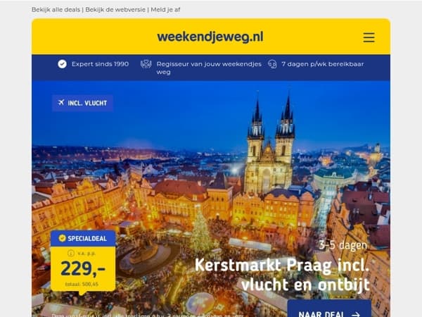 🛫 Kerstshoppen in Praag + ontbijt v.a. 229 | 3 dgn Oostkapelle + ontbijt & diner v.a. 99,50 p.p.!