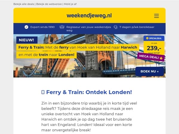 🔥 NIEUW! Ferry & Train: 3-daagse trip met de ferry naar Harwich + trein naar Londen vanaf 239,- p.p.! 🛳️😍