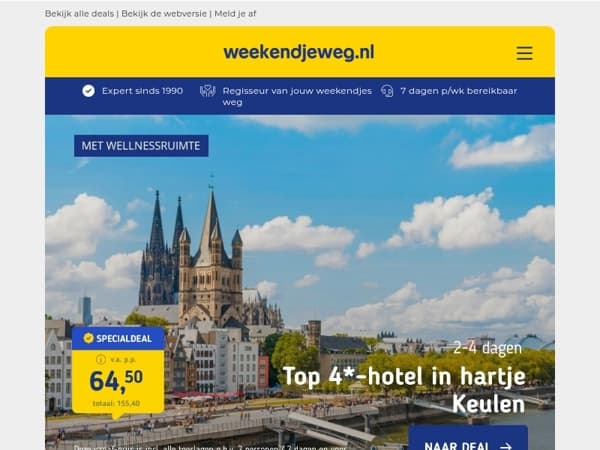 Top 4*-hotel hartje Keulen + ontbijt v.a. 64,50 | Excursietrip Kopenhagen + vele extra's v.a. 599 p.p.!
