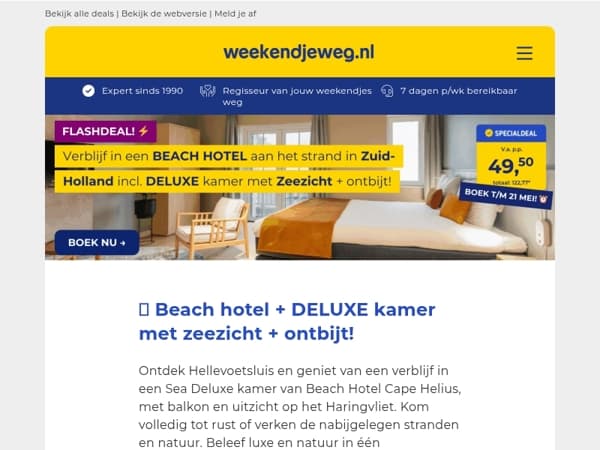 FLASHDEAL! ⚡ Verblijf in een BEACH HOTEL in Zuid-Holland + DELUXE kamer met Zeezicht + ontbijt vanaf €49,50 p.p.!