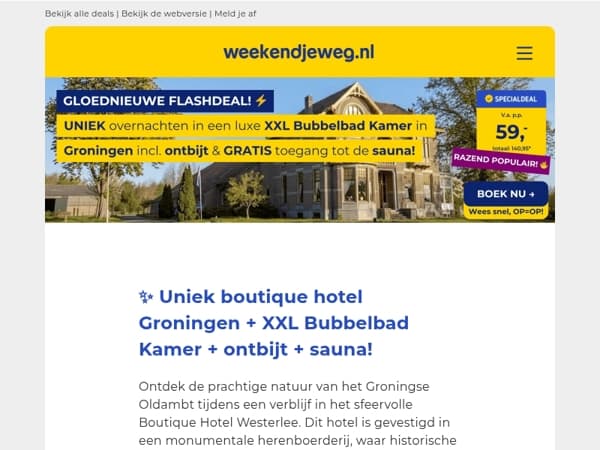 🔥 NIEUW: Uniek boutique hotel Groningen + XXL Bubbelbad Kamer + ontbijt + sauna vanaf SLECHTS €59,- p.p.! ✨