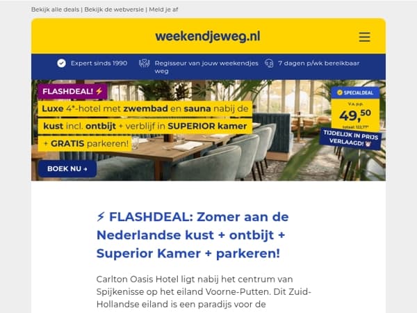 ☀️ Zonnige Zaterdag Deal: Luxe 4*-hotel nabij de kust + ontbijt + SUPERIOR kamer + GRATIS parkeren v.a. 49,50 p.p.!