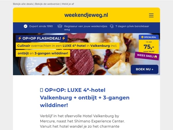😱 OP=OP DEAL: LUXE 4*-hotel in Valkenburg + ontbijt + 3-gangen wilddiner v.a SLECHTS 75,- p.p.! 🍷🍂