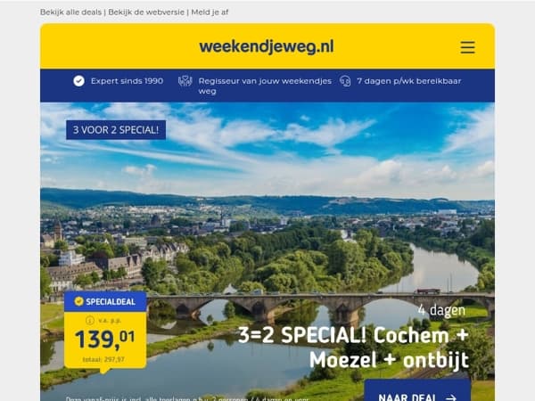 3=2 SPECIAL! 🎁 Verblijf bij de Moezel & Cochem + ontbijt 139 | 3/4 dgn Noord-Brabant + ontbijt, diner & rondvaart 145 p.p.!