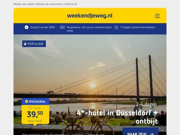 📣 Alleen vandaag nog: LUXE 4*-Crown hotel Düsseldorf + ontbijt v.a. 39,50 | 🚆 4*-hotel Arnhem + treinretour v.a. 96,50 p.p.!