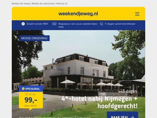 3 dgn 4*-hotel bij Nijmegen + ontbijt & diner v.a. 99 | 4*-hotel op de Veluwe + entree Veluwse Bron v.a. 69,50 p.p.!
